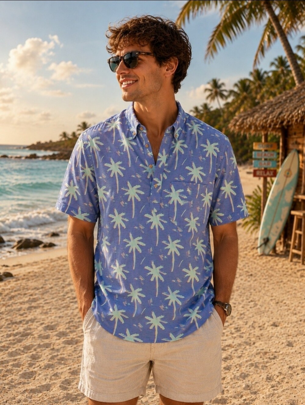 Chubbies Blue Popover Polo Short Sleeve  Palm Print Beach Coastal Shirt Medium